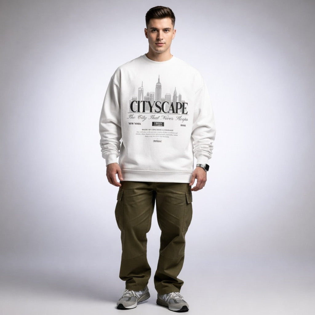 Man wearing a white sweatshirt with 'CITYSCAPE' design on a plain background