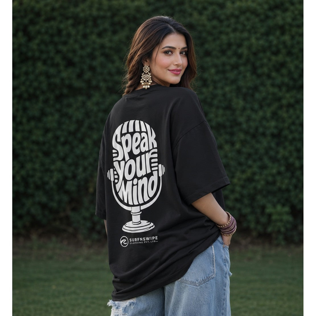 Speak Your Mind oversized graphic tee back print — vintage mic design on jet black heavyweight cotton