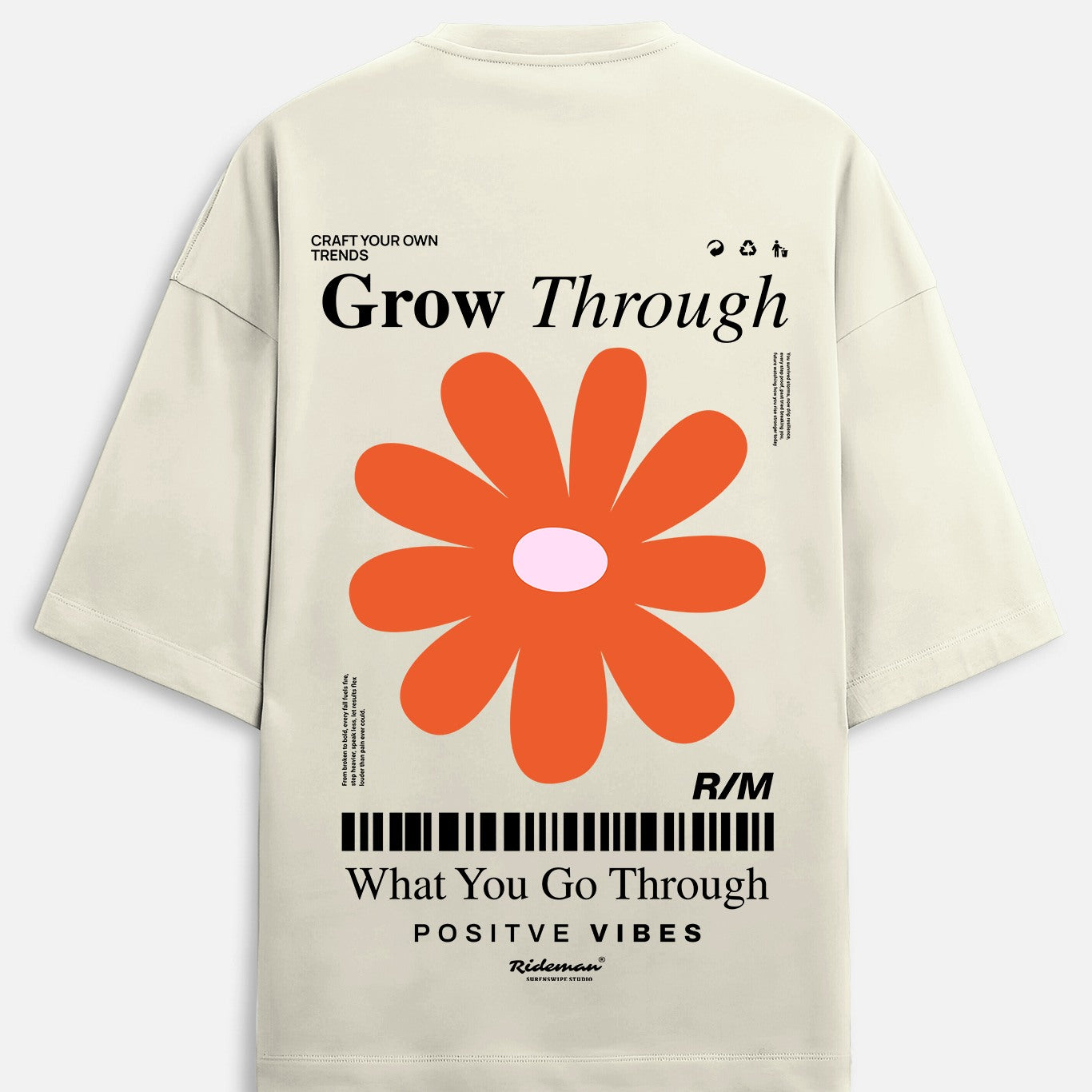 Beige t-shirt with orange flower graphic and motivational text on a white background