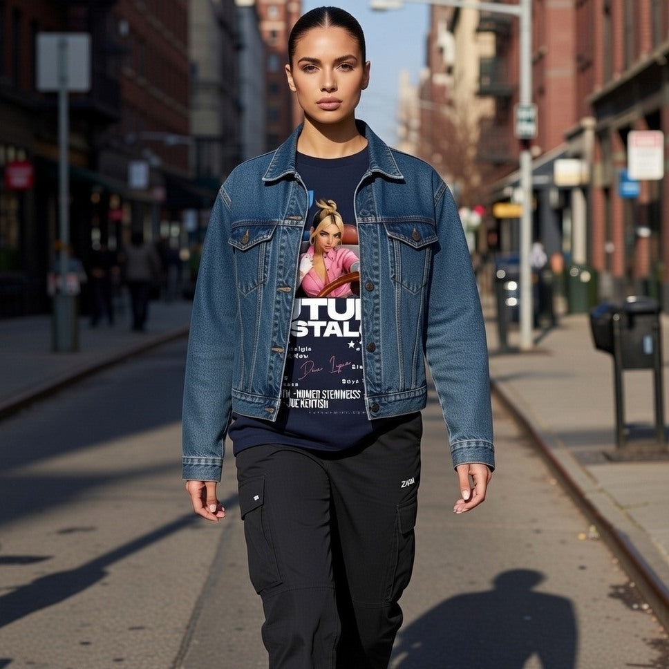 Person wearing a denim jacket and graphic t-shirt on a city street