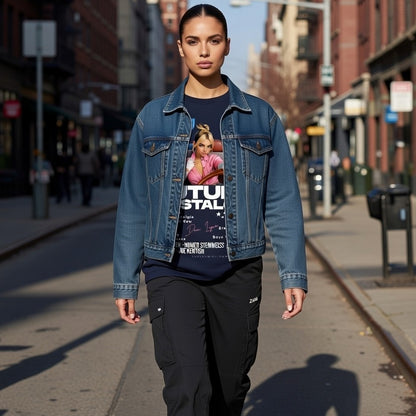 Person wearing a denim jacket and graphic t-shirt on a city street