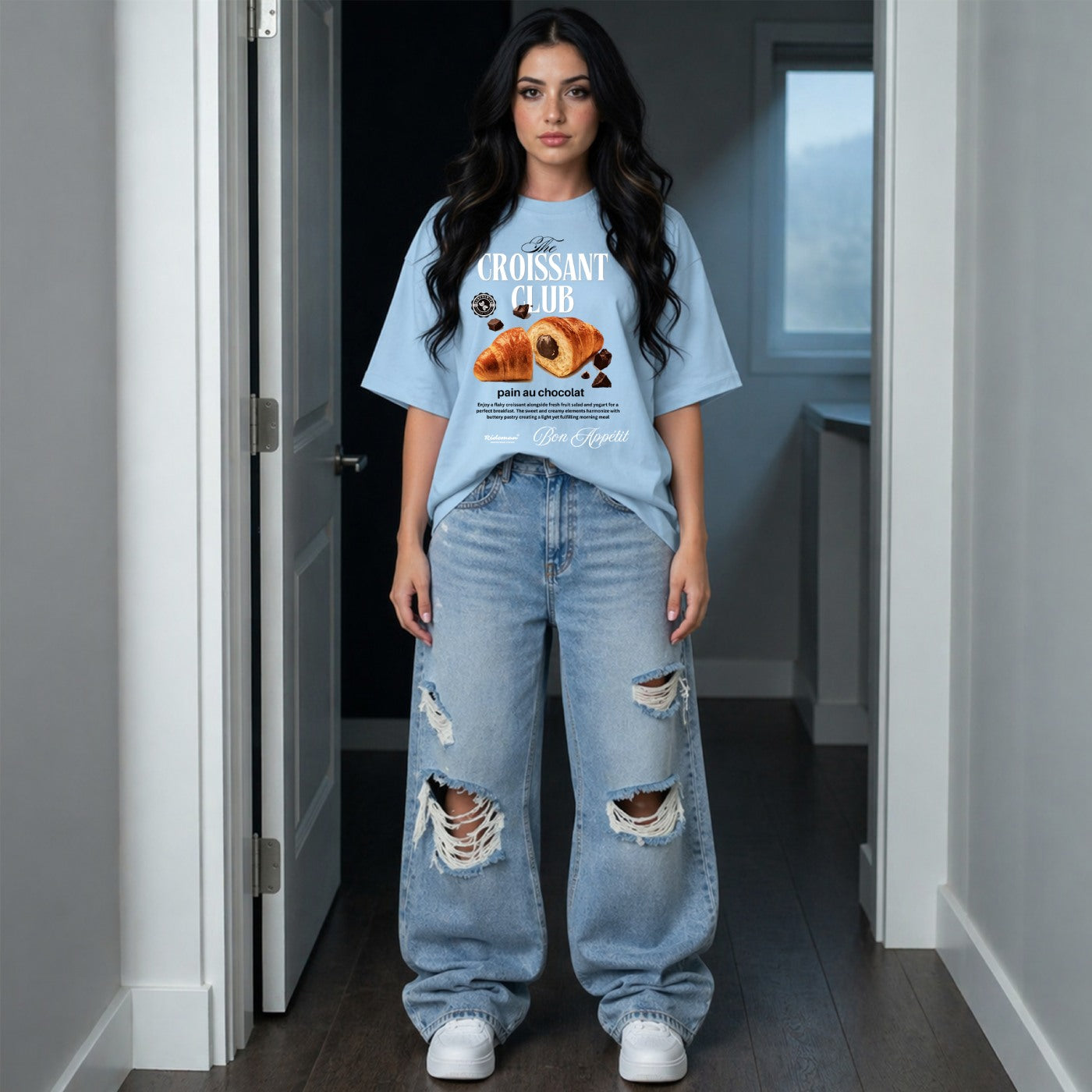Croissant Club unisex oversized graphic tee in baby blue — drop shoulder 240 GSM cotton streetwear