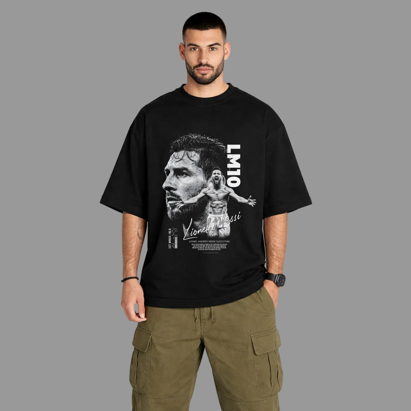 Man wearing a black t-shirt with graphic design on a white background