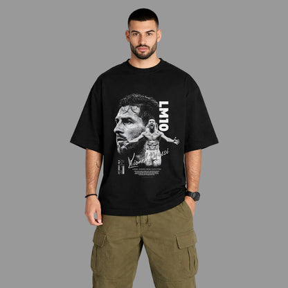 Man wearing a black t-shirt with graphic design on a white background