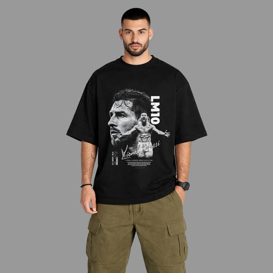 Man wearing a black t-shirt with graphic design on a white background