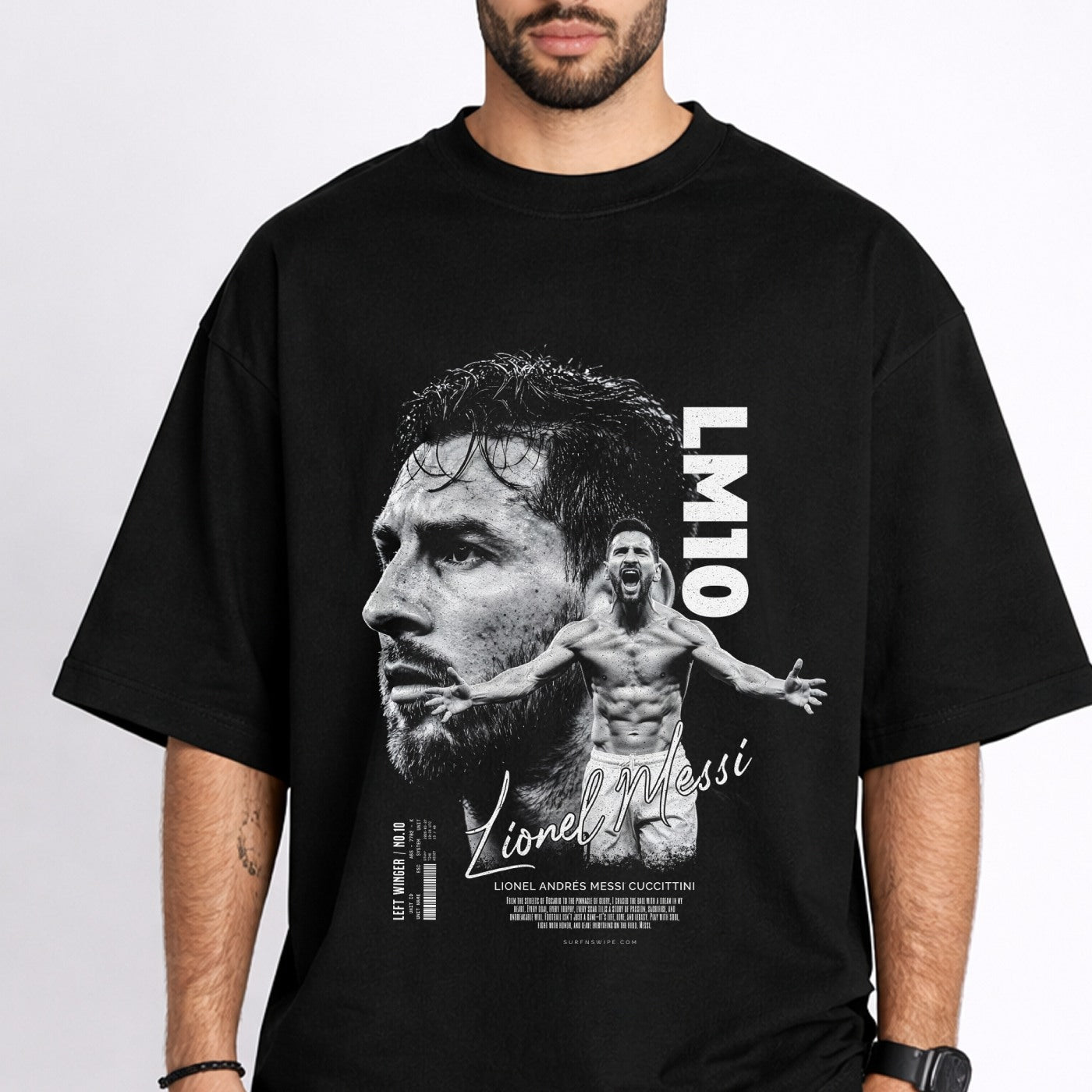 Black t-shirt with a graphic of a bearded man and 'Lionel Messi' text on a white background
