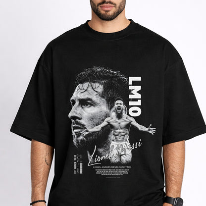 Black t-shirt with a graphic of a bearded man and 'Lionel Messi' text on a white background
