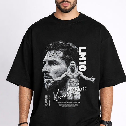 Black t-shirt with a graphic of a bearded man and 'Lionel Messi' text on a white background
