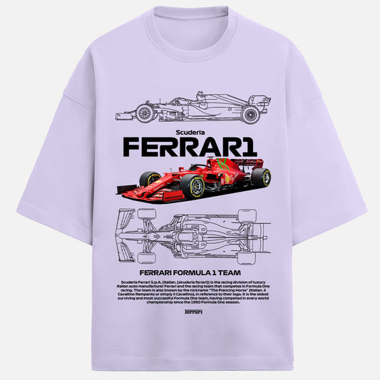 Lavender t-shirt with Ferrari Formula 1 team graphics and text on a white background