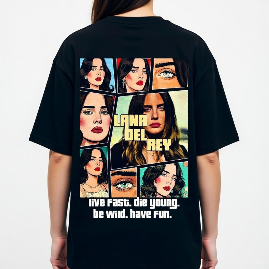 Black t-shirt with graphic design and text on a plain background