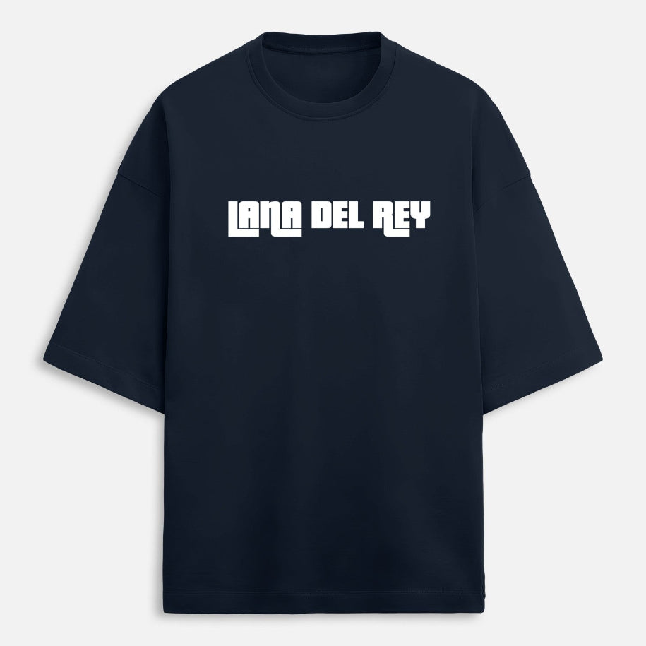 Black t-shirt with 'Lana Del Rey' text on a white background