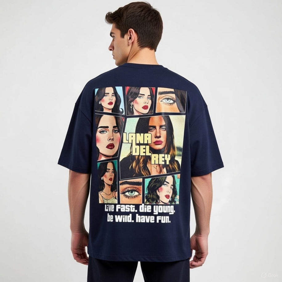 Person wearing a navy blue t-shirt with graphic designs and text on the back.