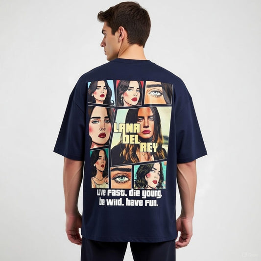 Person wearing a navy blue t-shirt with graphic designs and text on the back.