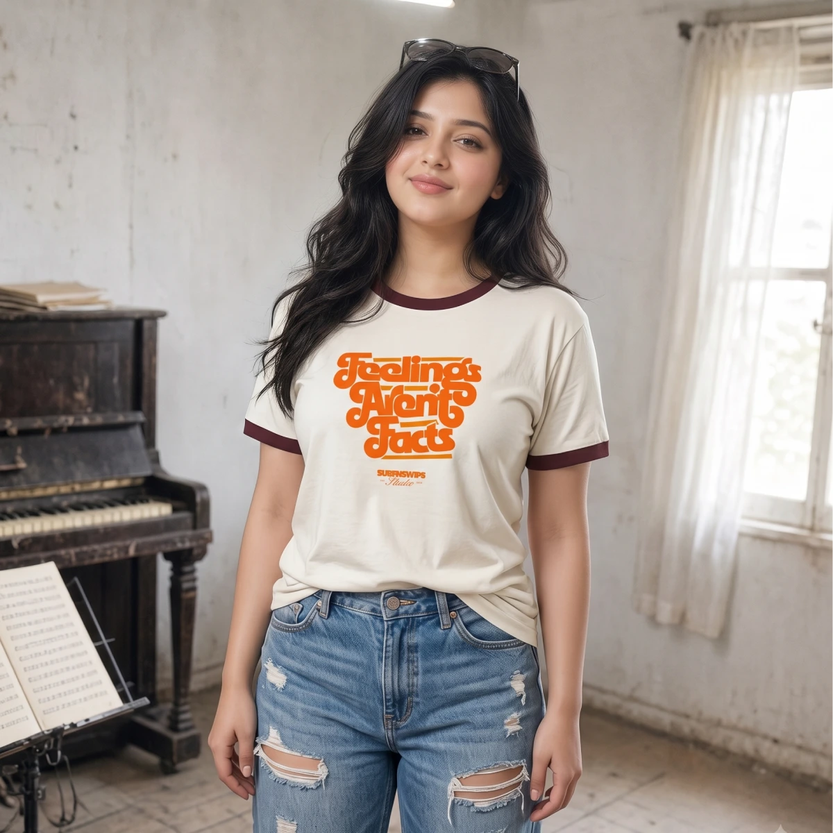 A woman wearing a cream-colored ringer t-shirt with dark brown trim and a retro orange graphic that reads 'Feelings Are Facts'. She is also wearing distressed blue jeans and sunglasses are resting on her head, standing in a room with a vintage piano and a window.