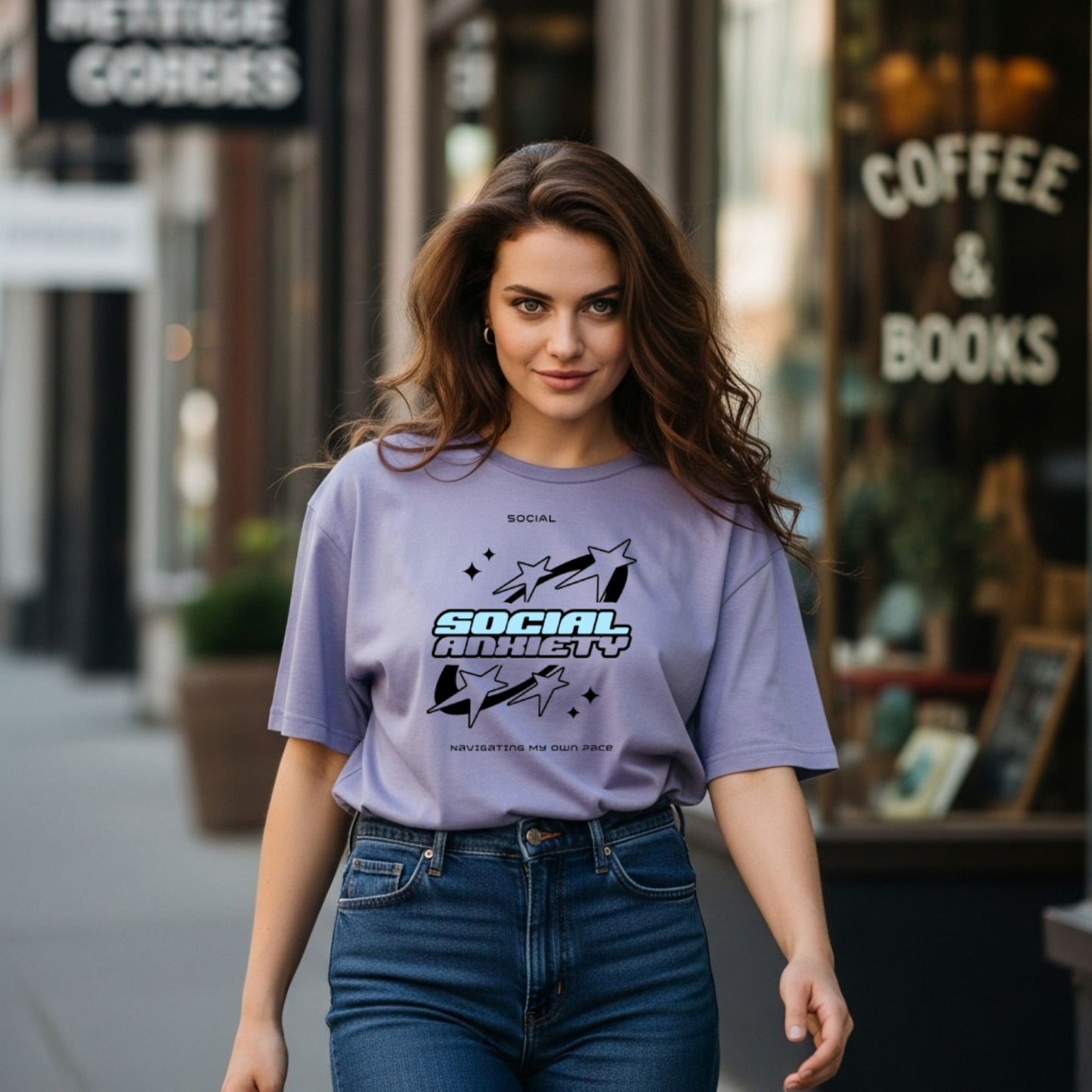 Lavender purple t-shirt with Social Anxiety graphic design featuring stars and text 'Navigating My Own Pace' by SurfnSwipe brand