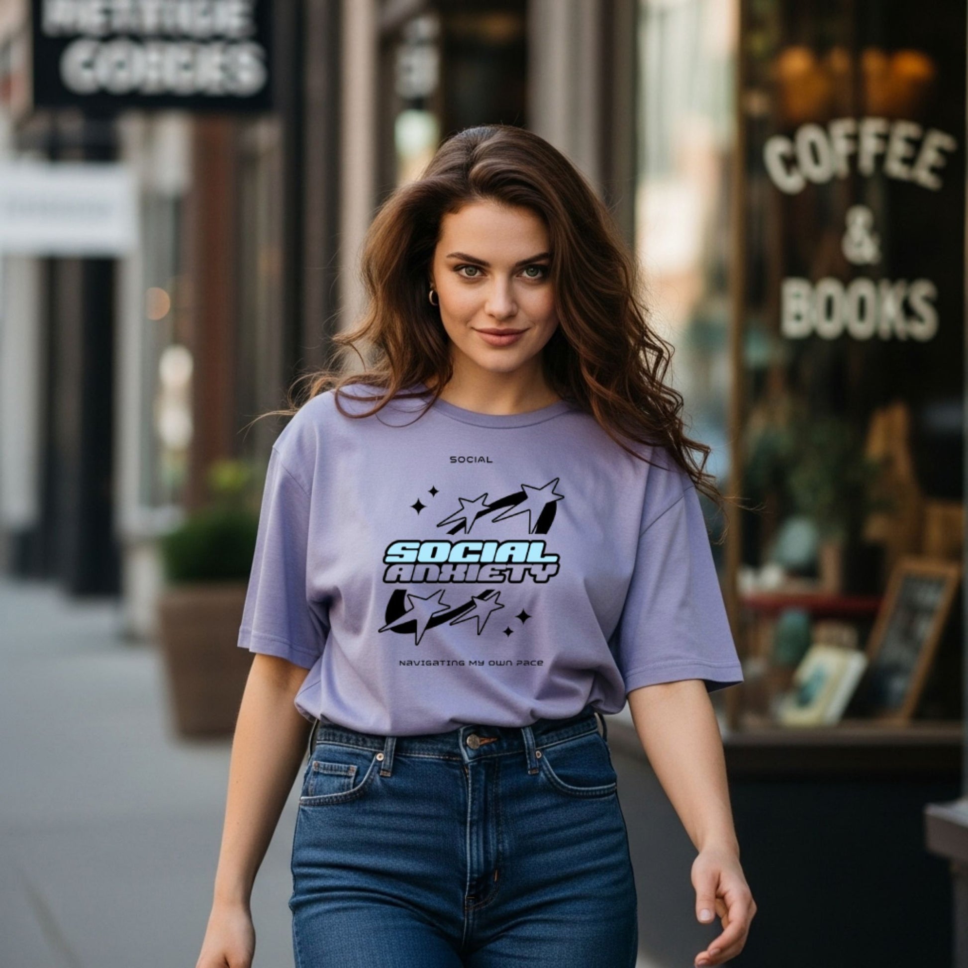 Lavender purple t-shirt with Social Anxiety graphic design featuring stars and text 'Navigating My Own Pace' by SurfnSwipe brand
