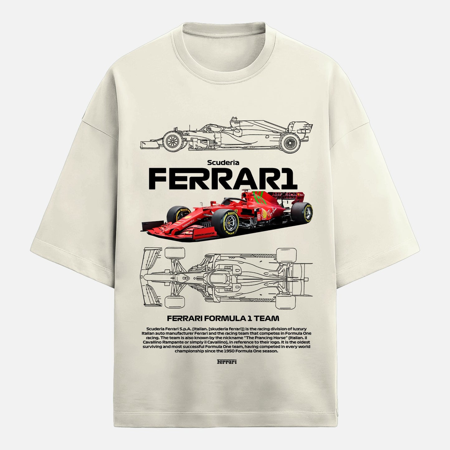 Beige t-shirt with Ferrari Formula 1 team graphics on a white background
