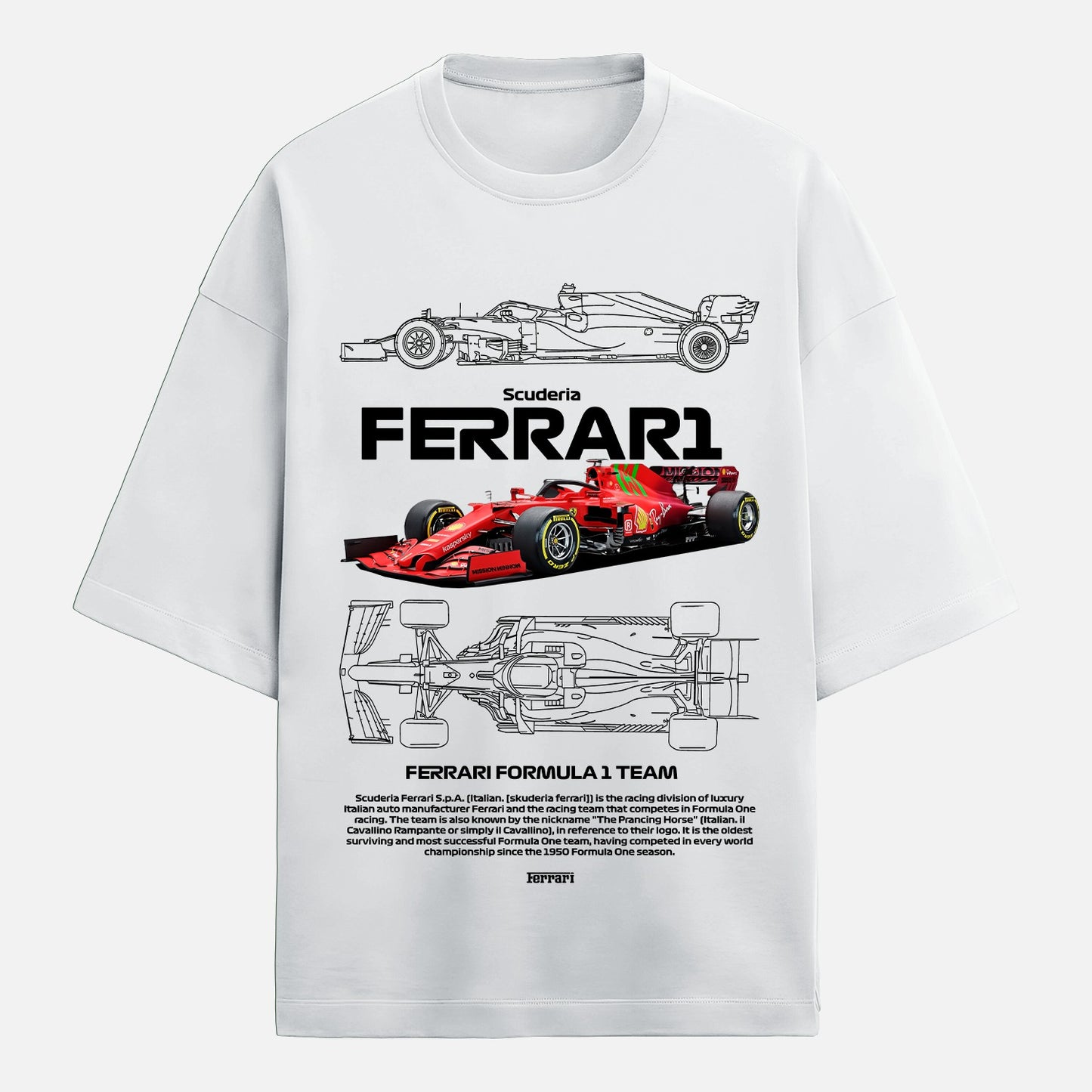 White t-shirt with Ferrari Formula 1 team graphics and text on a white background