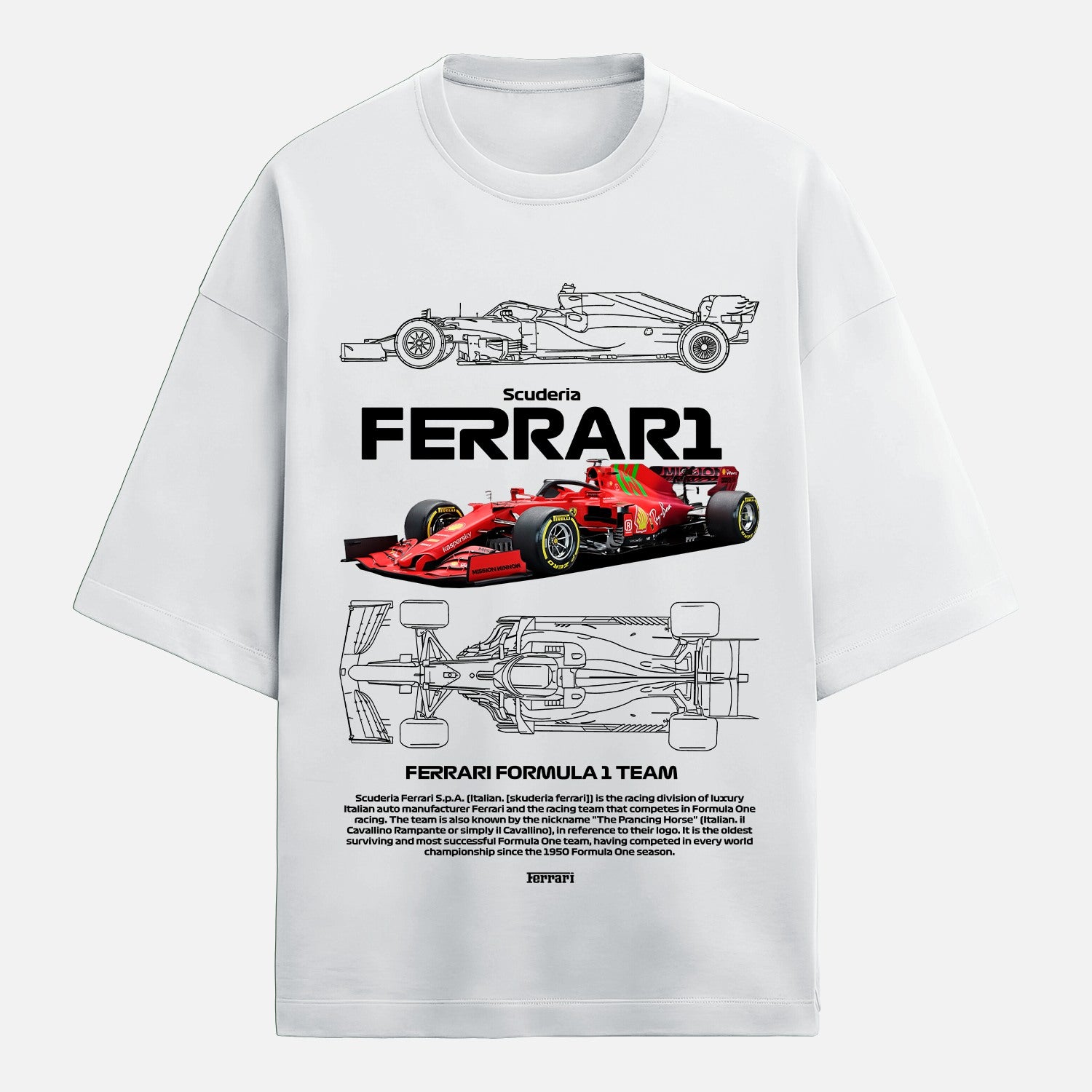 White t-shirt with Ferrari Formula 1 team graphics and text on a white background