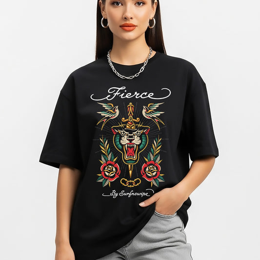 Person wearing a black t-shirt with a colorful graphic design and the word 'Fierce' on a white background