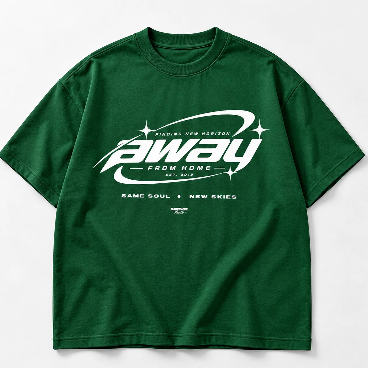Bottle green Away From Home oversized T-shirt laid flat
