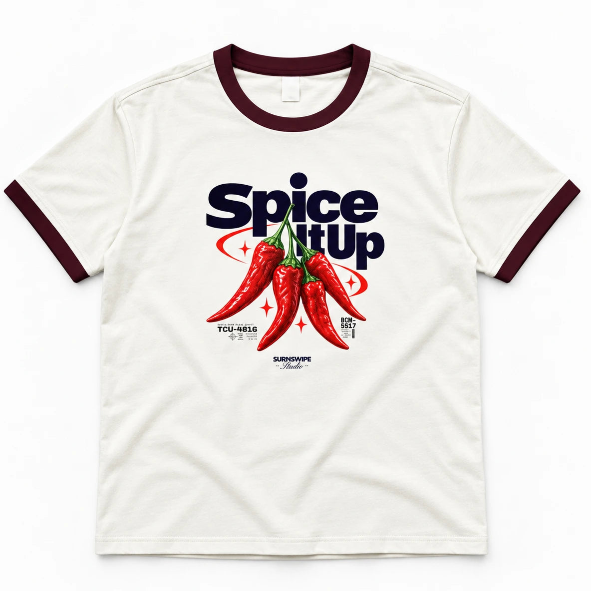 Close-up of Spice It Up red chili graphic with navy lettering on ringer T-shirt