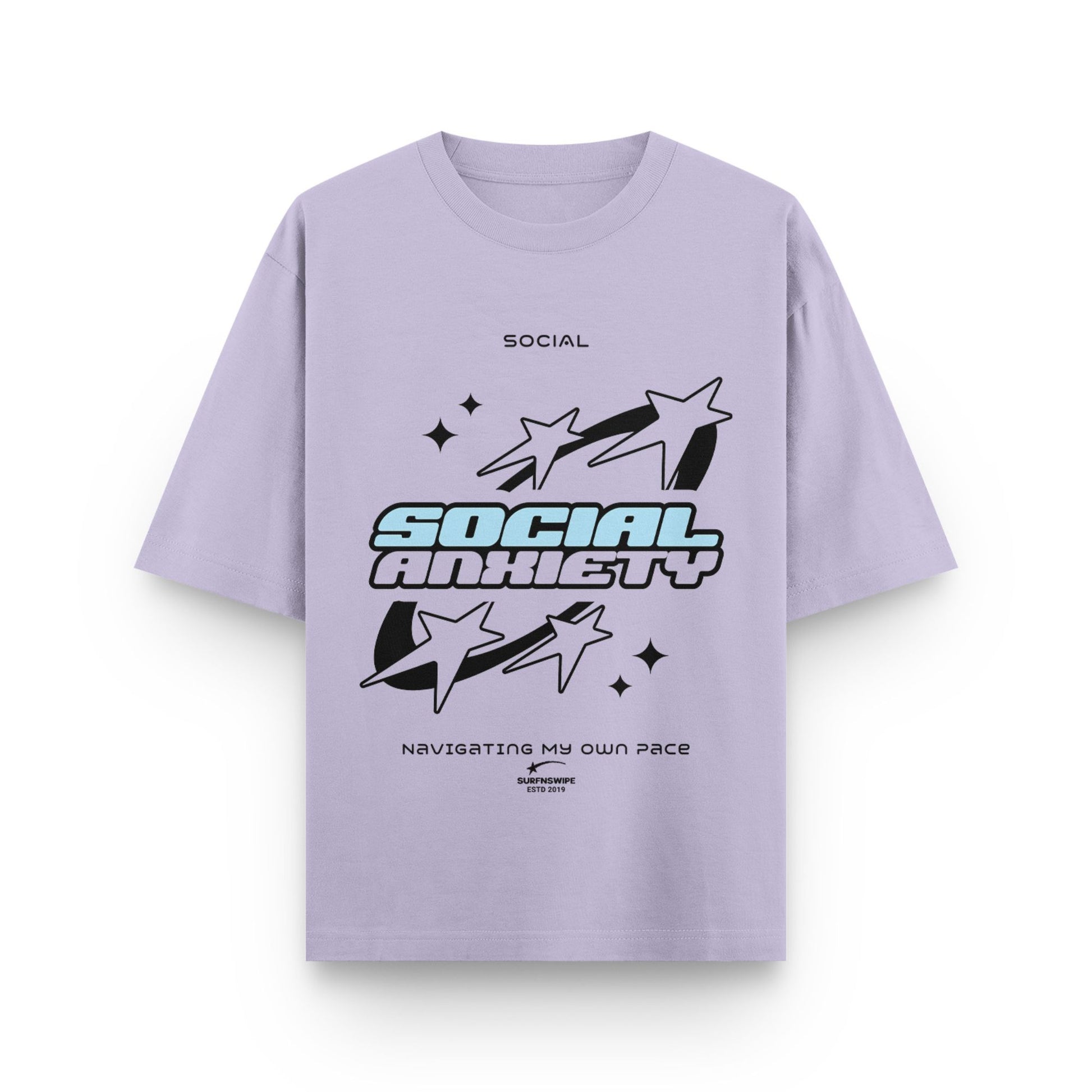 Light purple t-shirt with graphic design and text on a white background