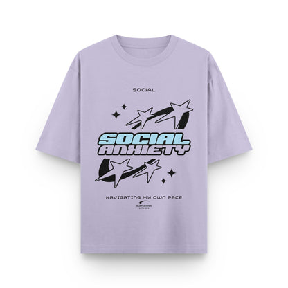 Light purple t-shirt with graphic design and text on a white background