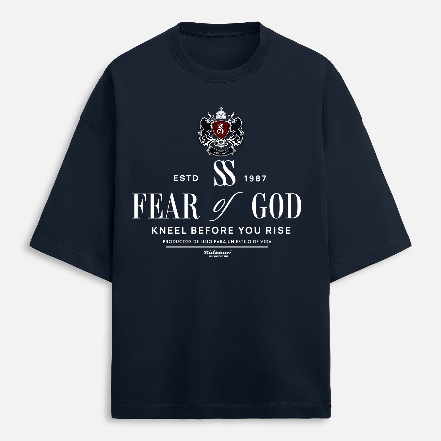 Black t-shirt with 'Fear of God' logo and text on a white background