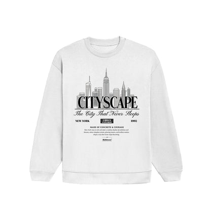 White sweatshirt with cityscape design and text on a white background