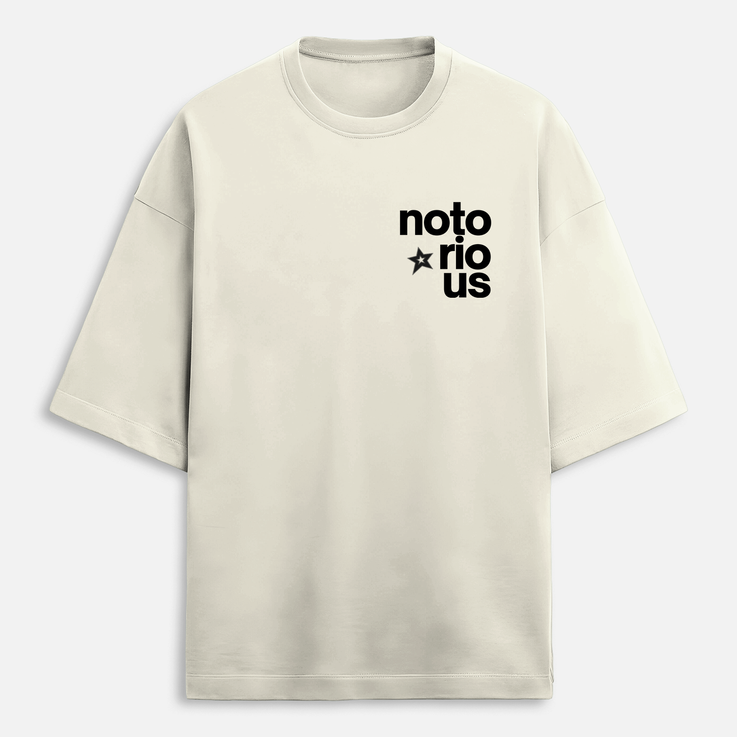Beige t-shirt with 'notorious' text on a light gray background