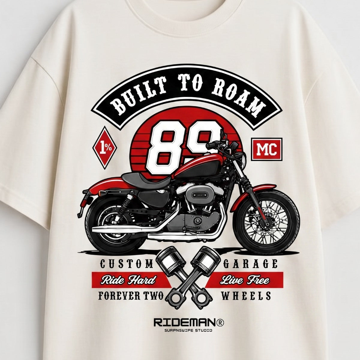 off-White t-shirt with a motorcycle graphic and text on a white background