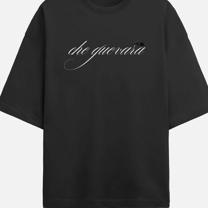 Black t-shirt with 'che guevara' text on a white background