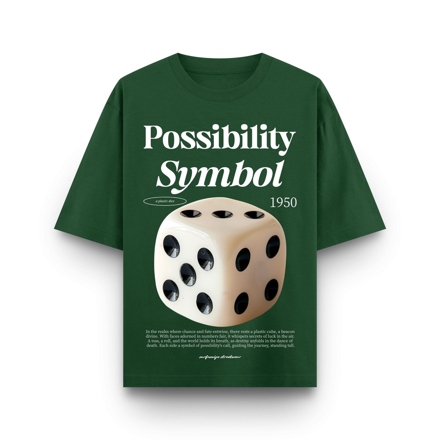 Green t-shirt with a dice graphic and text on a white background