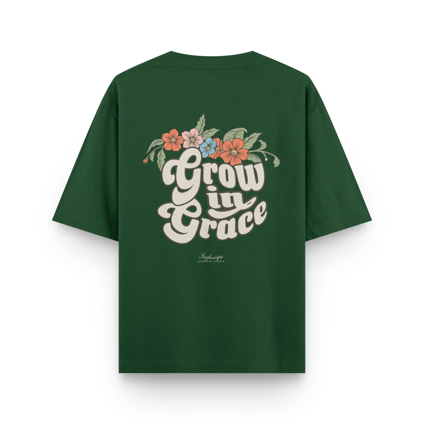 Grow in Grace floral retro back print on bottle green oversized t-shirt