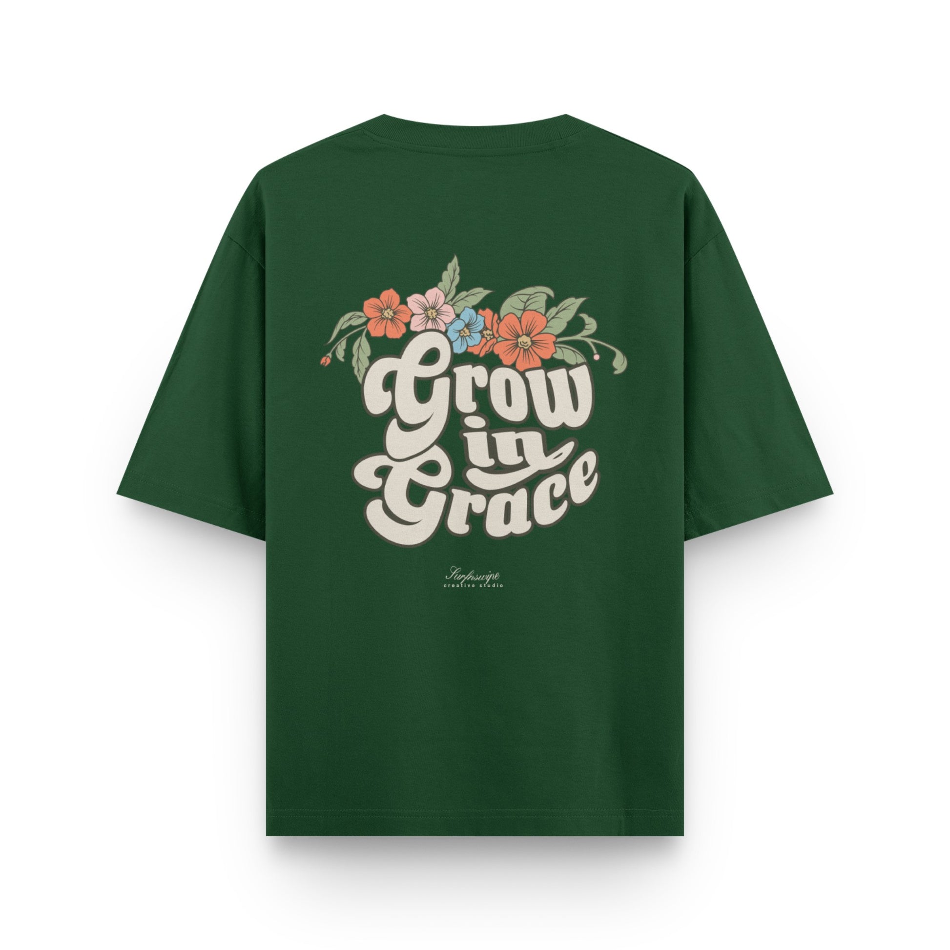 Grow in Grace floral retro back print on bottle green oversized t-shirt