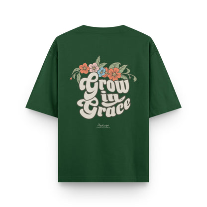 Grow in Grace floral retro back print on bottle green oversized t-shirt