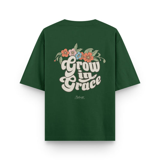 Grow in Grace floral retro back print on bottle green oversized t-shirt