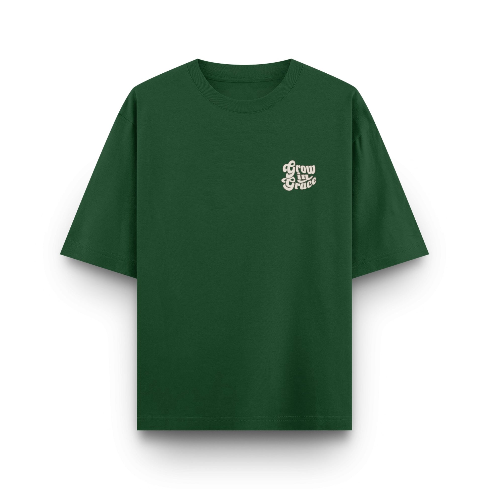 Green t-shirt with white text  Grow in Grace on a white background