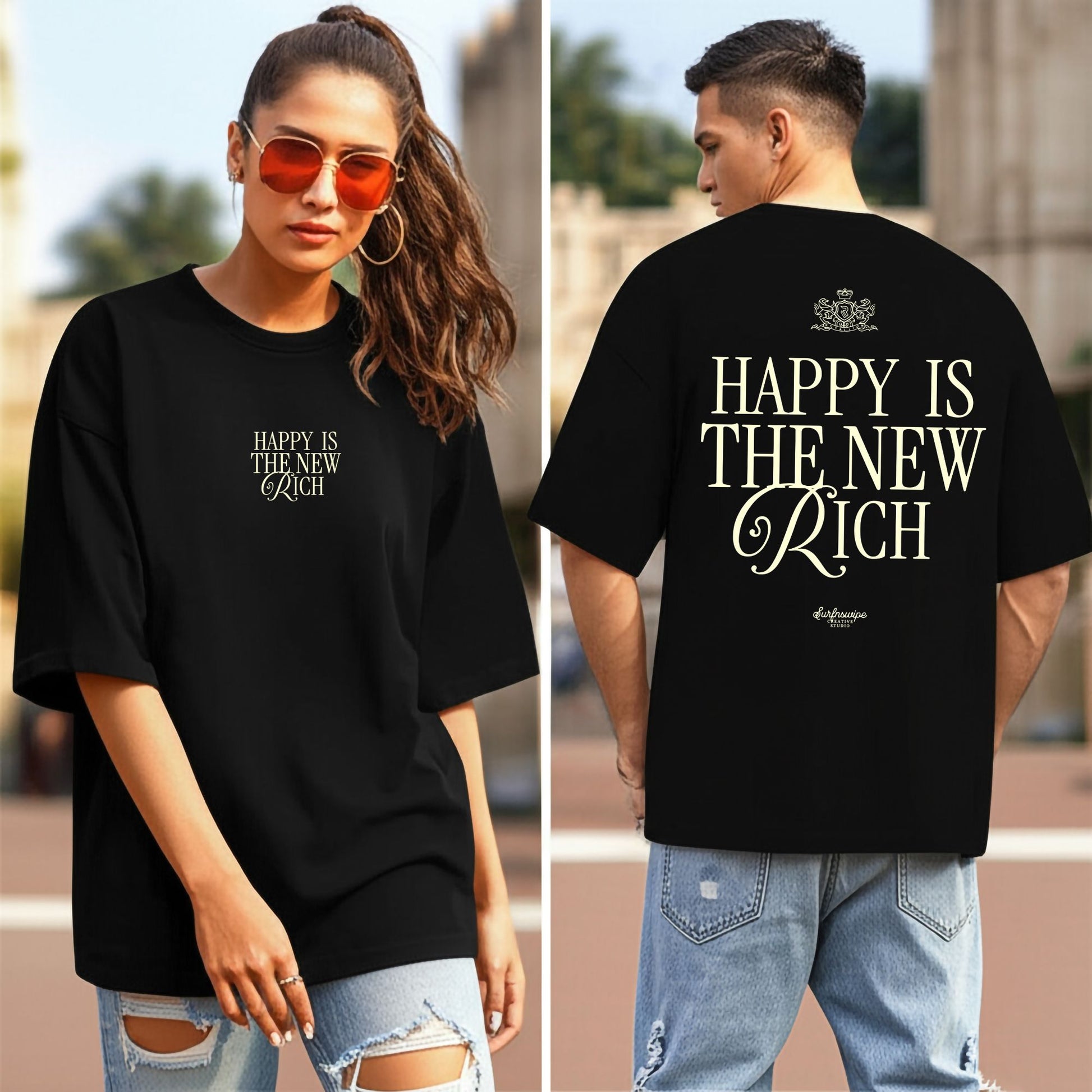 Two people wearing black t-shirts with 'Happy is the New Rich' text, one front view and one back view.