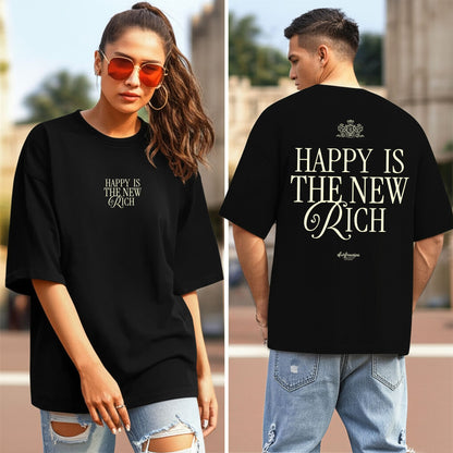 Two people wearing black t-shirts with 'Happy is the New Rich' text, one front view and one back view.
