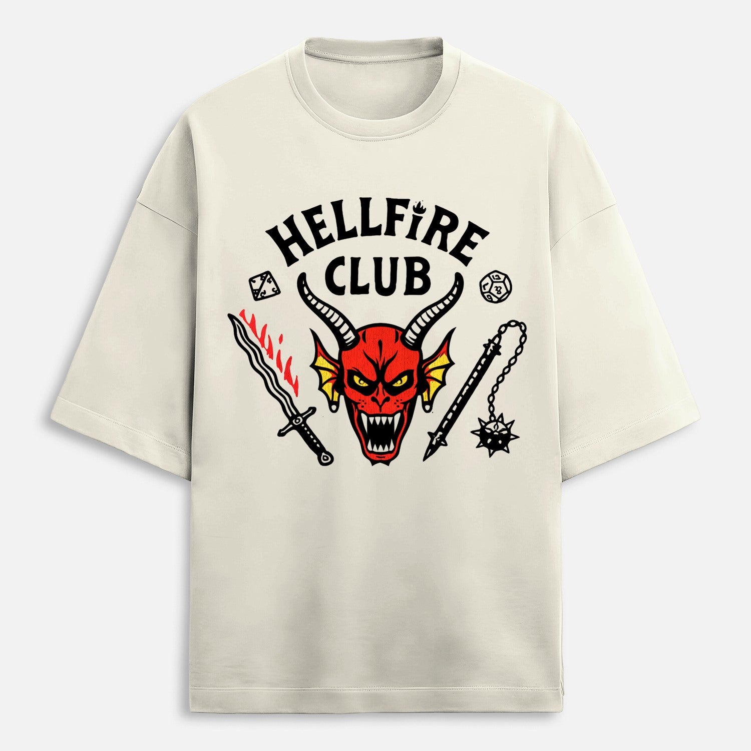 Beige t-shirt with 'Hellfire Club' graphic design featuring a devil face and weapons on a white background.
