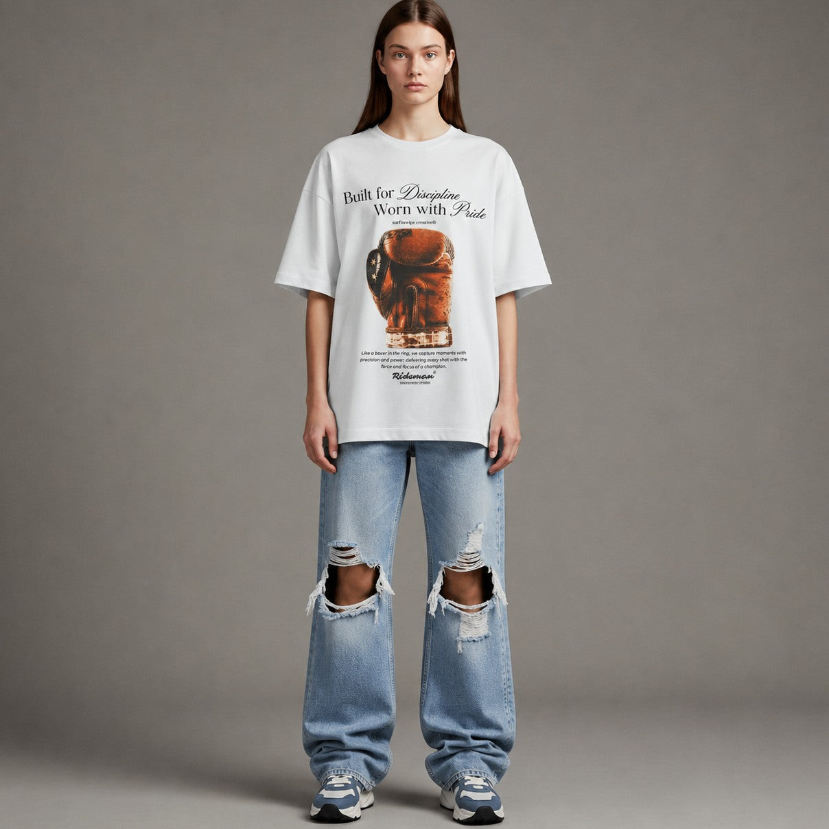 Female model in white Heritage Boxing Glove tee with drop shoulder fit