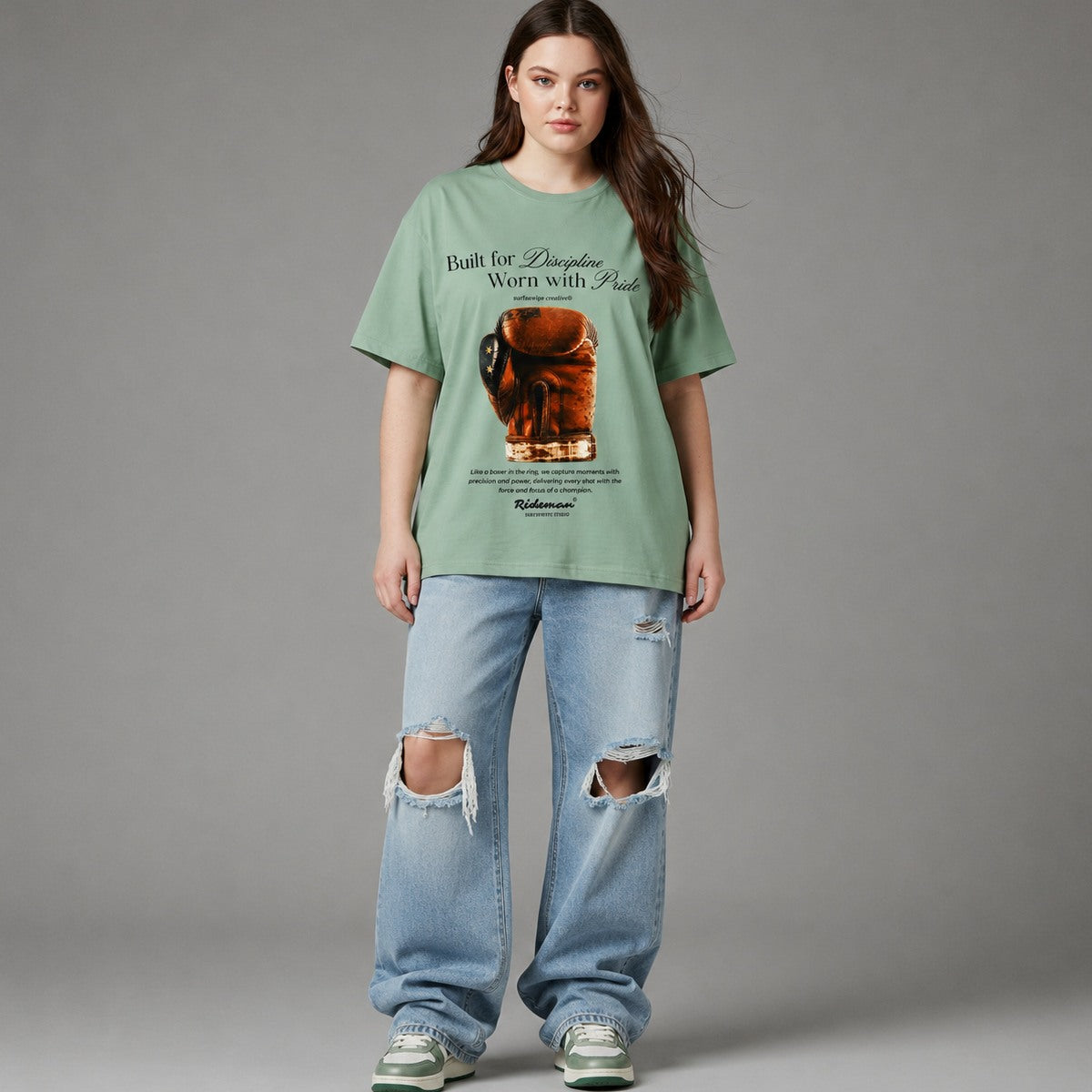 Woman wearing green Heritage Boxing Glove printed t-shirt