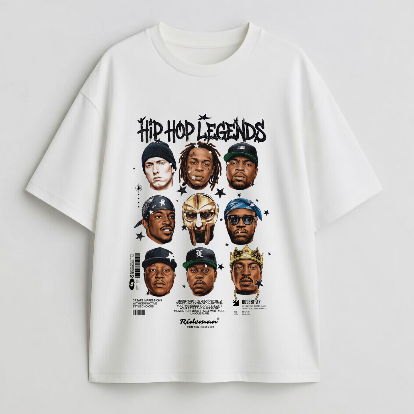 White t-shirt with 'Hip Hop Legends' graphic on a light gray background