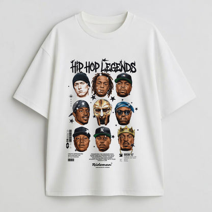 White t-shirt with 'Hip Hop Legends' graphic on a light gray background