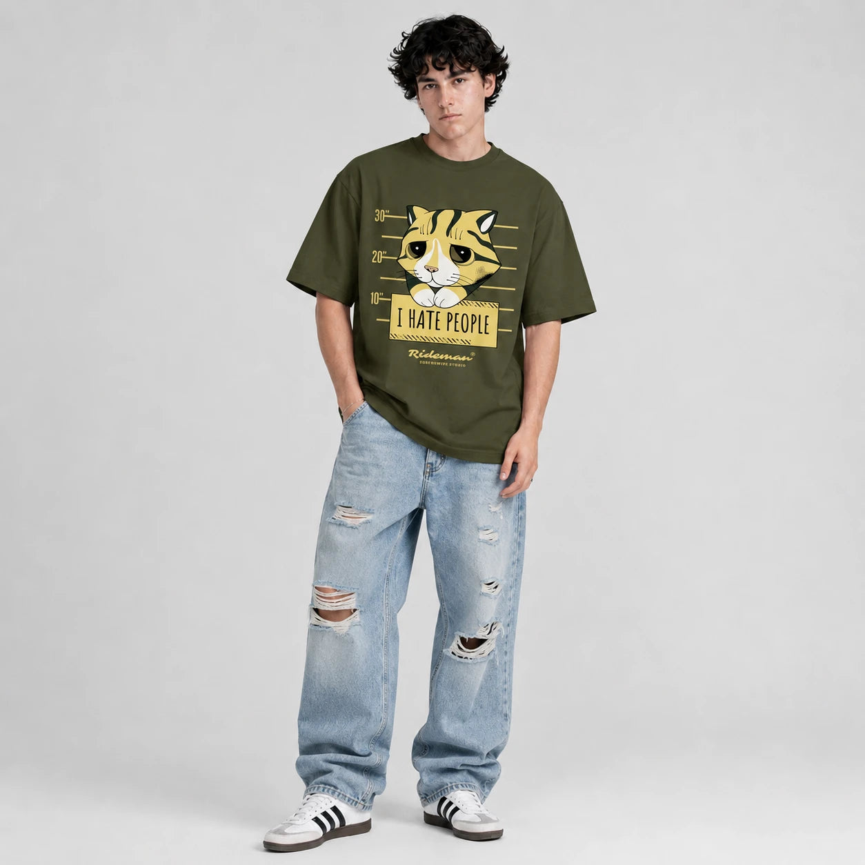  I Hate People grumpy cat mugshot graphic printed oversized unisex t-shirt in olive  – 240 GSM brushed fleece cotton, Surfnswipe Studio