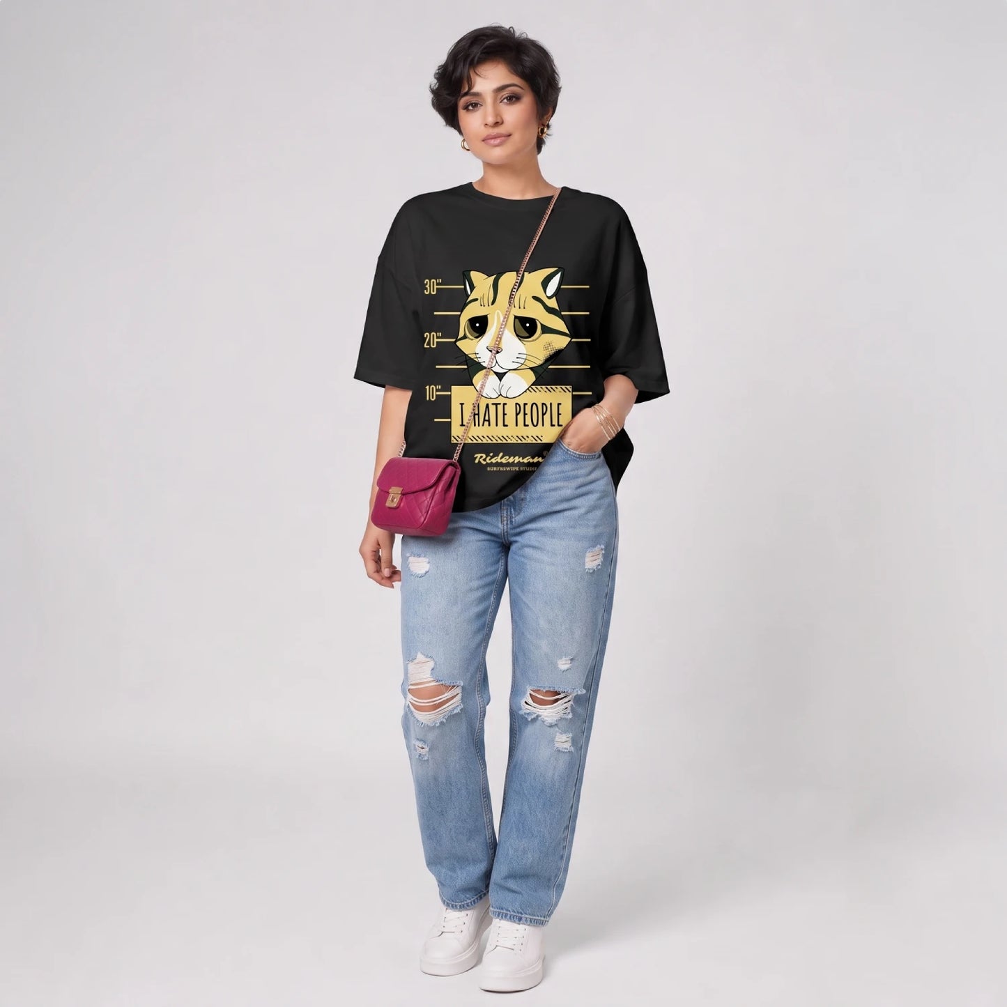  Hate People grumpy cat mugshot graphic printed oversized unisex t-shirt in black – 240 GSM brushed fleece cotton, Surfnswipe Studio