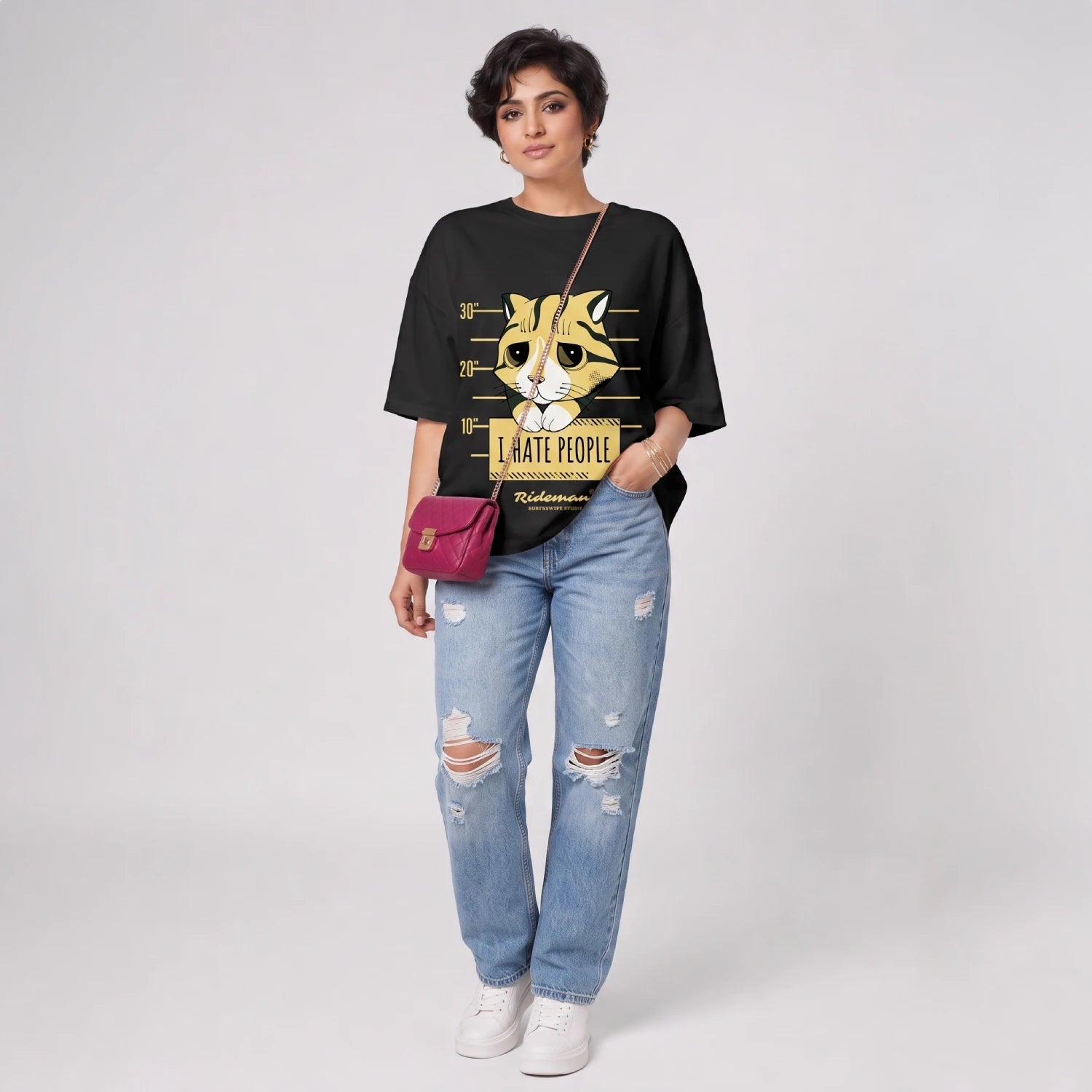  Hate People grumpy cat mugshot graphic printed oversized unisex t-shirt in black – 240 GSM brushed fleece cotton, Surfnswipe Studio
