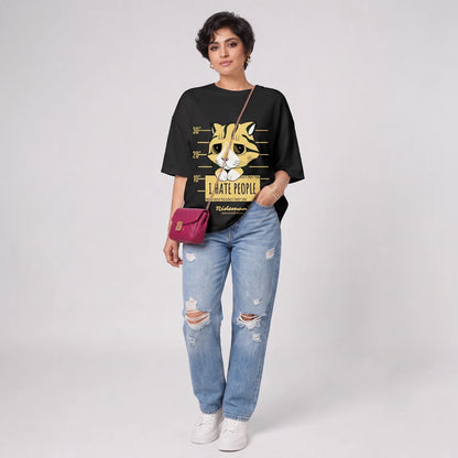  Hate People grumpy cat mugshot graphic printed oversized unisex t-shirt in black – 240 GSM brushed fleece cotton, Surfnswipe Studio